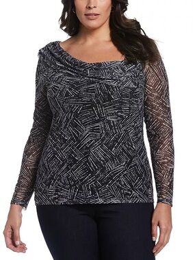 Ella Rafaella Plus Women's Printed Asymmetrical Mesh Top Black White Size 2X NWT